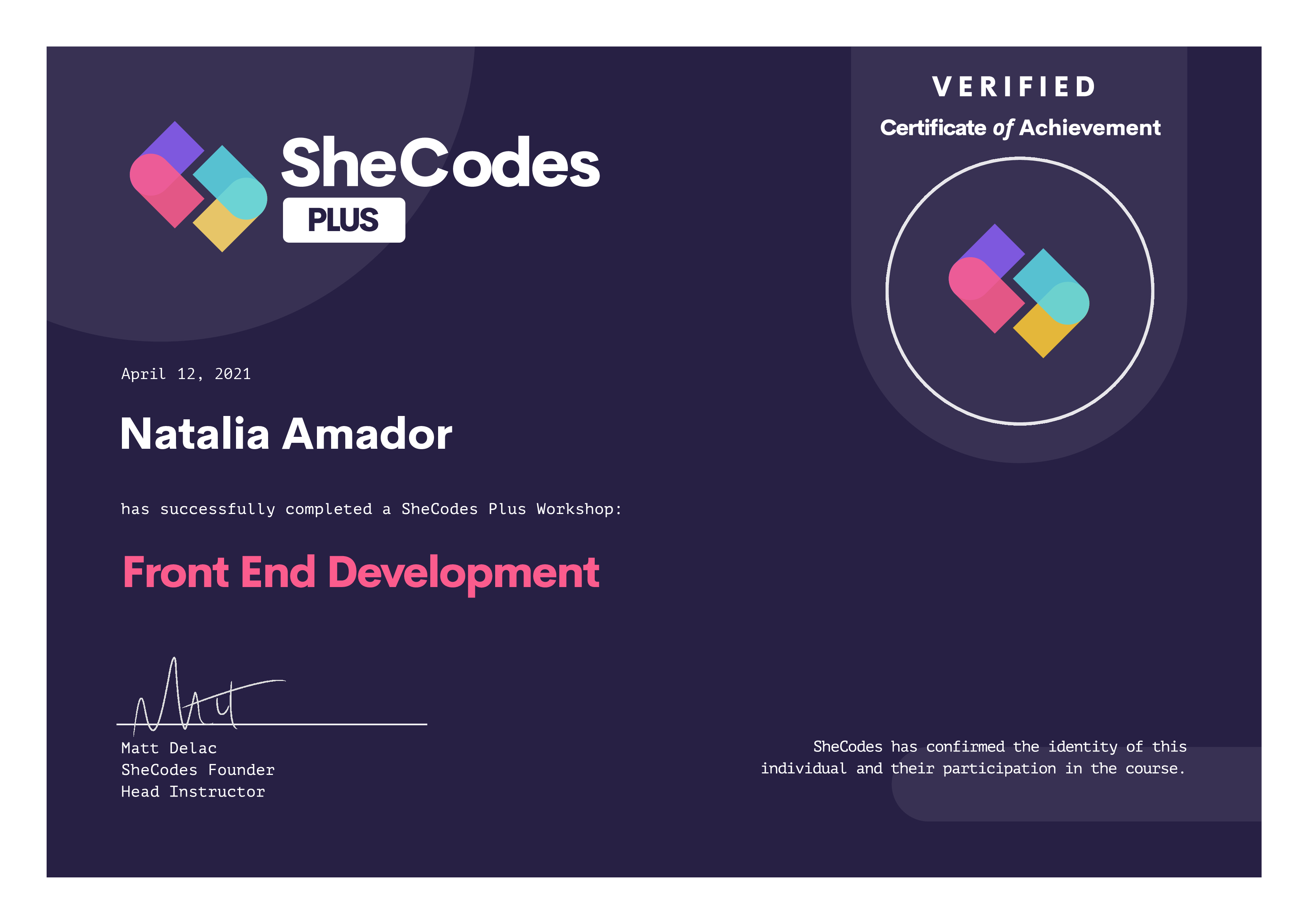 SheCodes Plus workshop certificate